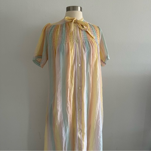 Rare Vintage Christian Dior Rainbow Striped Lounge Dress Tie Bow Neck XS-M - Picture 1 of 9